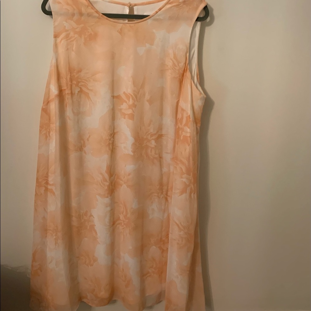 CALVIN KLEIN Adorable Lined CHIFFON Peach/cream FLORAL A-Line Dress Sz 18w